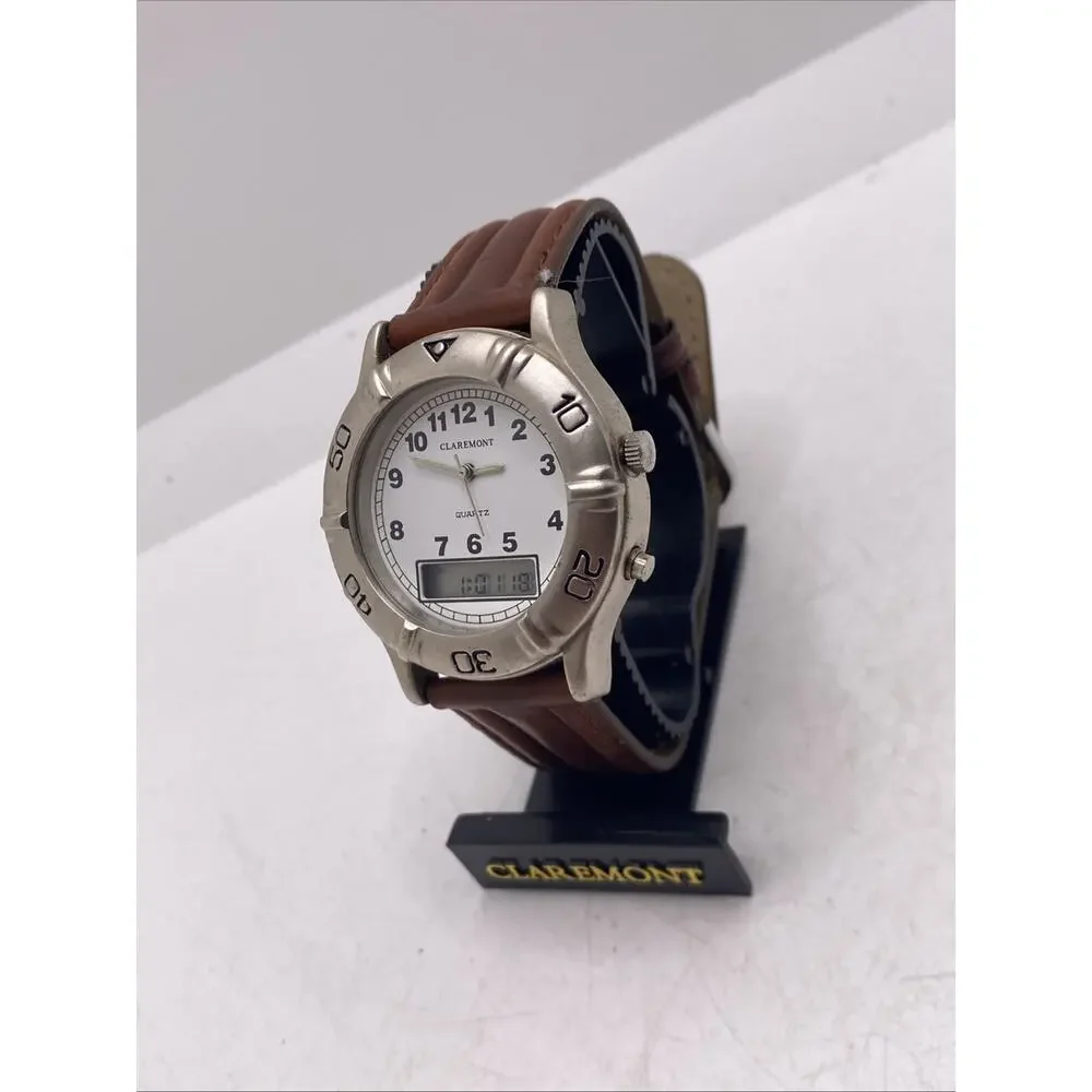Vintage Nos Claremont Mens Dual Time Watch New Battery